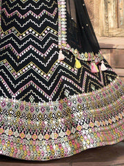 Beautiful Black Mirror Work Georgette Reception Wear Lehenga Choli