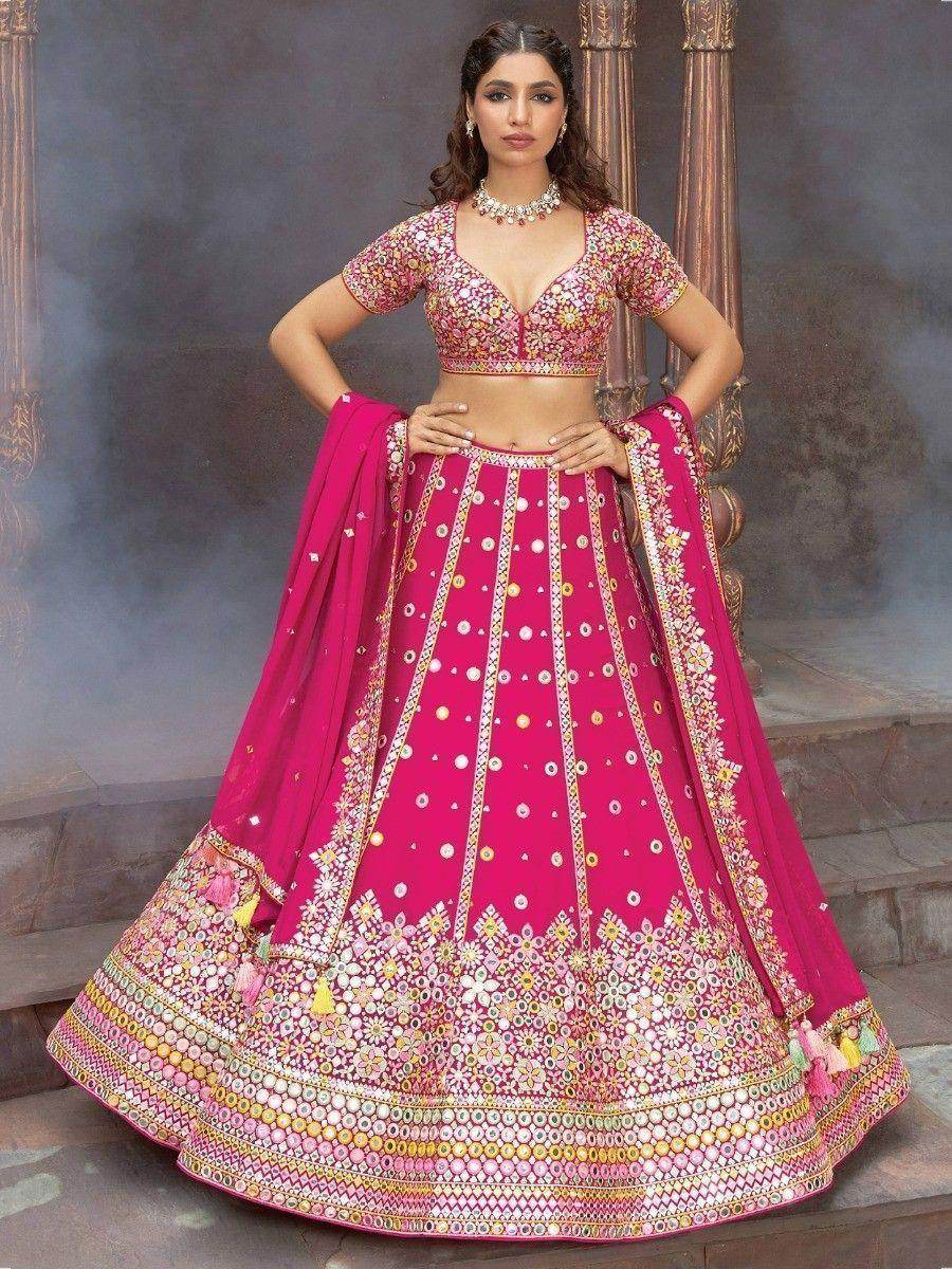 Fascinating Pink Mirror Work Georgette Bridesmaid Lehenga Choli