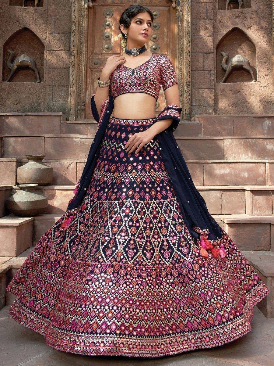 Elegant Indian lehenga choli with mirror work, perfect for weddings and festive occasions