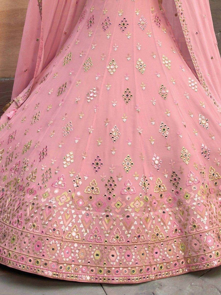 Alluring Baby Pink Mirror Work Georgette Engagement Wear Lehenga Choli