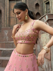 Alluring Baby Pink Mirror Work Georgette Engagement Wear Lehenga Choli