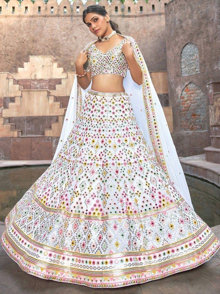White floral mirror work lehenga choli with dupatta, ethnic Indian wear for weddings and festivals