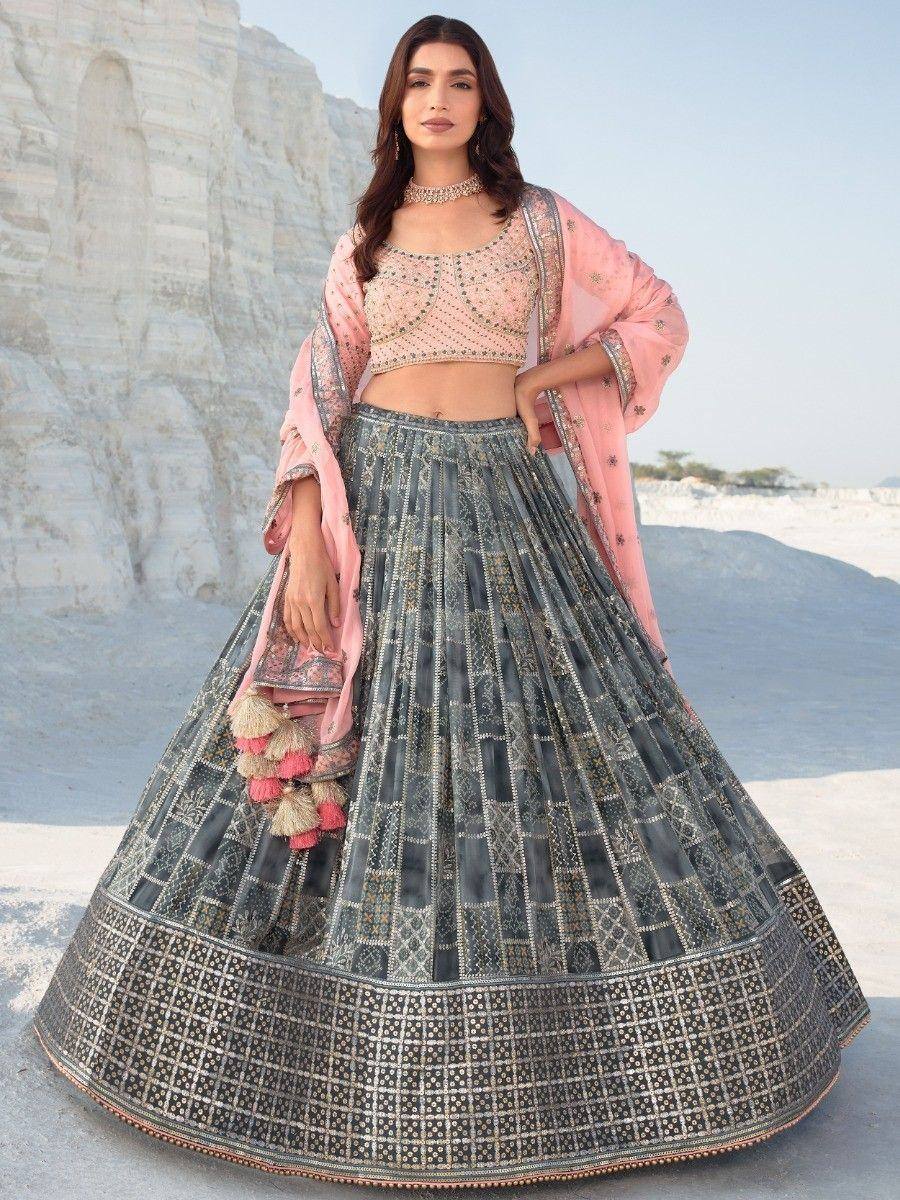 Elegant grey and pink embroidered lehenga choli with dupatta, perfect for Indian weddings and festive occasions