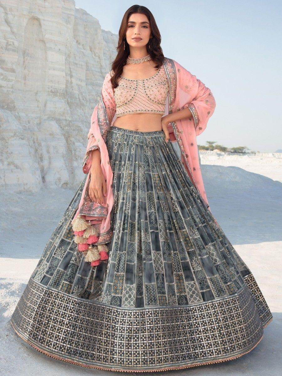 Gorgeous Grey Sequins Georgette Wedding Wear Lehenga Choli