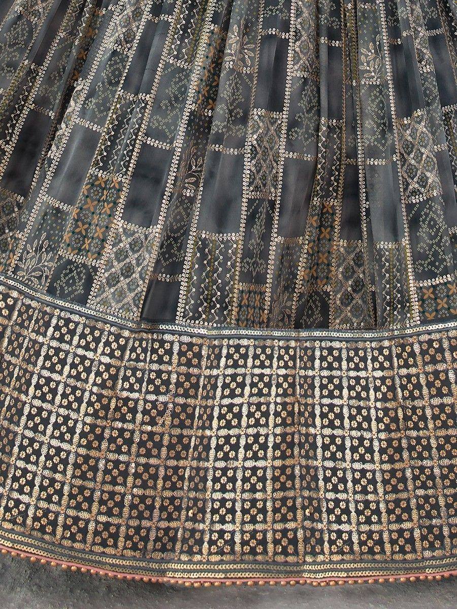 Black designer lehenga with gold embroidery and sequin work, ethnic wear for women