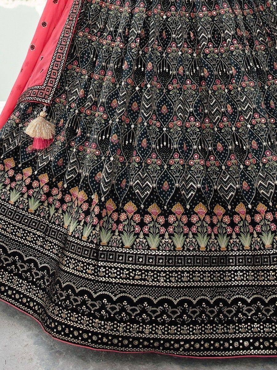 Black embroidered lehenga with floral motifs and pink dupatta, Indian ethnic wear