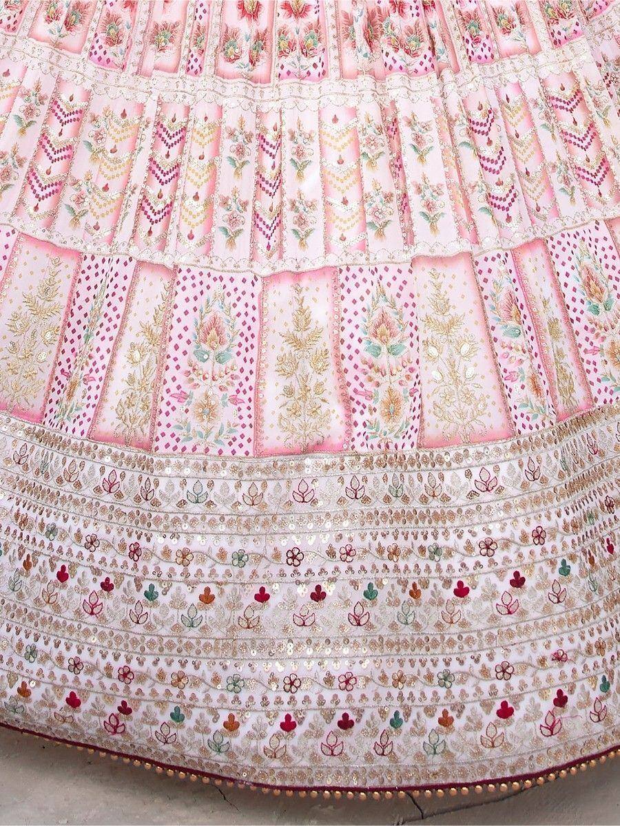 Pink embroidered lehenga skirt with floral motifs and sequin detailing, ideal for Indian ethnic wear