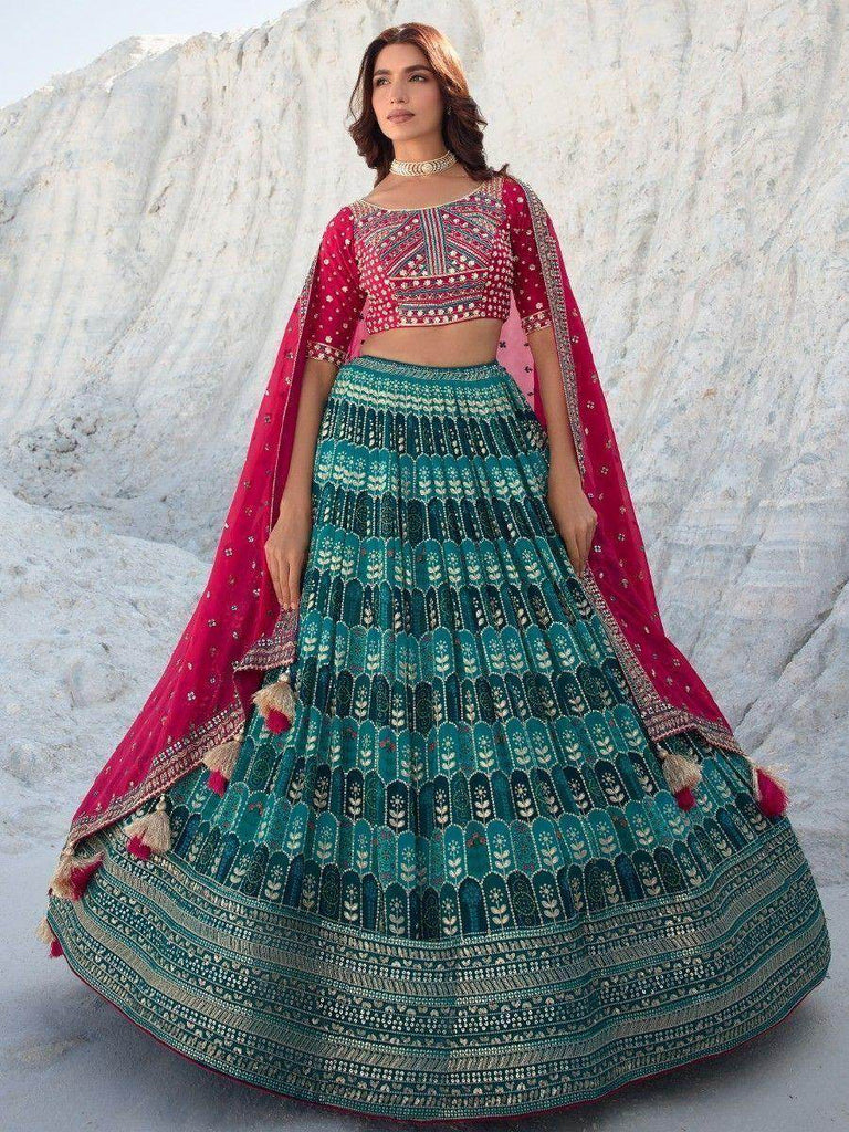 Beautiful Teal Green Sequins Georgette Wedding Wear Lehenga Choli