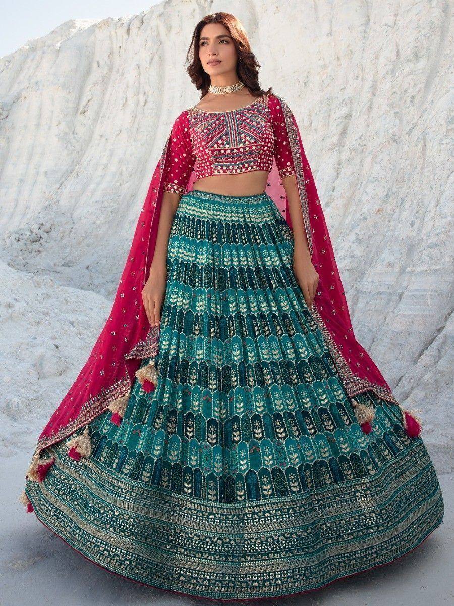 Teal and pink embroidered lehenga choli with dupatta, Indian ethnic wear for weddings and festivals