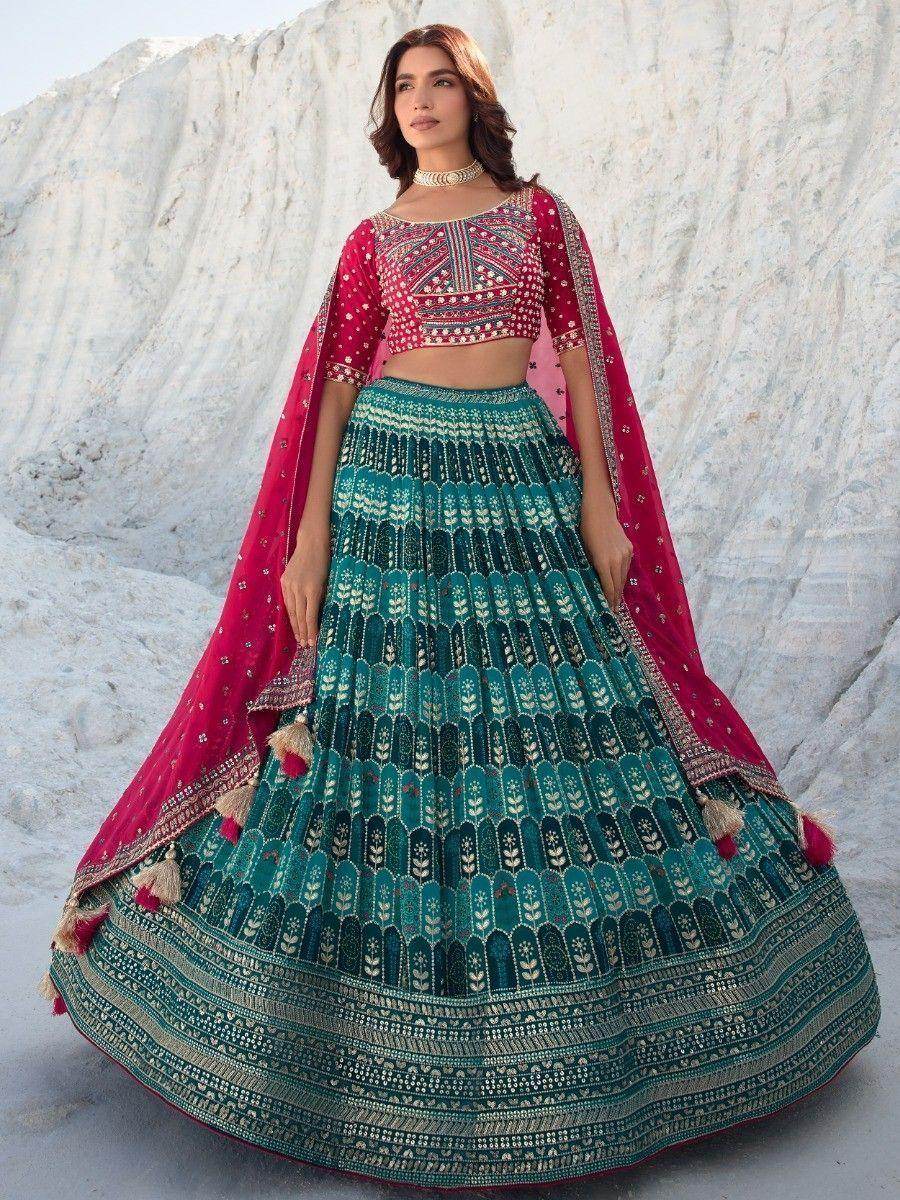 Beautiful Teal Green Sequins Georgette Wedding Wear Lehenga Choli