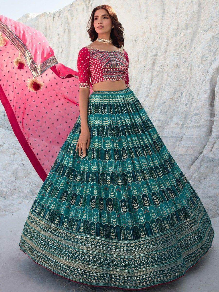 Beautiful Teal Green Sequins Georgette Wedding Wear Lehenga Choli