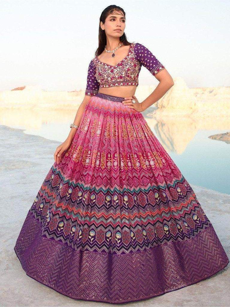 Attractive Pink & Purple Sequins Georgette Wedding Wear Lehenga Choli