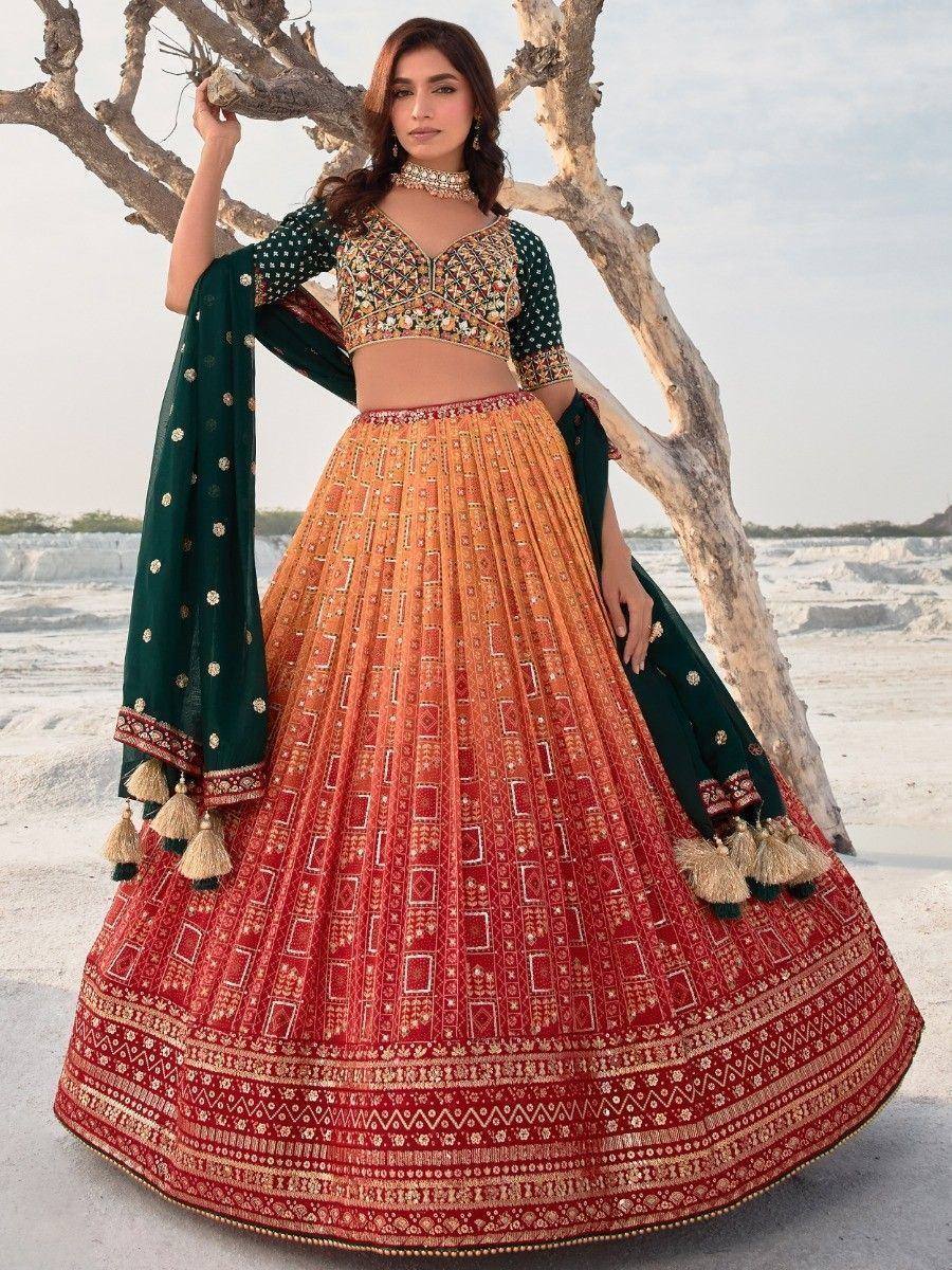Designer lehenga choli with embroidered blouse, ombre skirt, and green dupatta for Indian ethnic wear