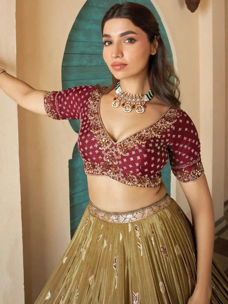 Fantastic Green Zari Weaving Silk Mehendi Wear Lehenga Choli