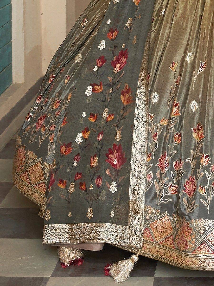 Grey floral embroidered lehenga with gold border and tassels, Indian ethnic wear