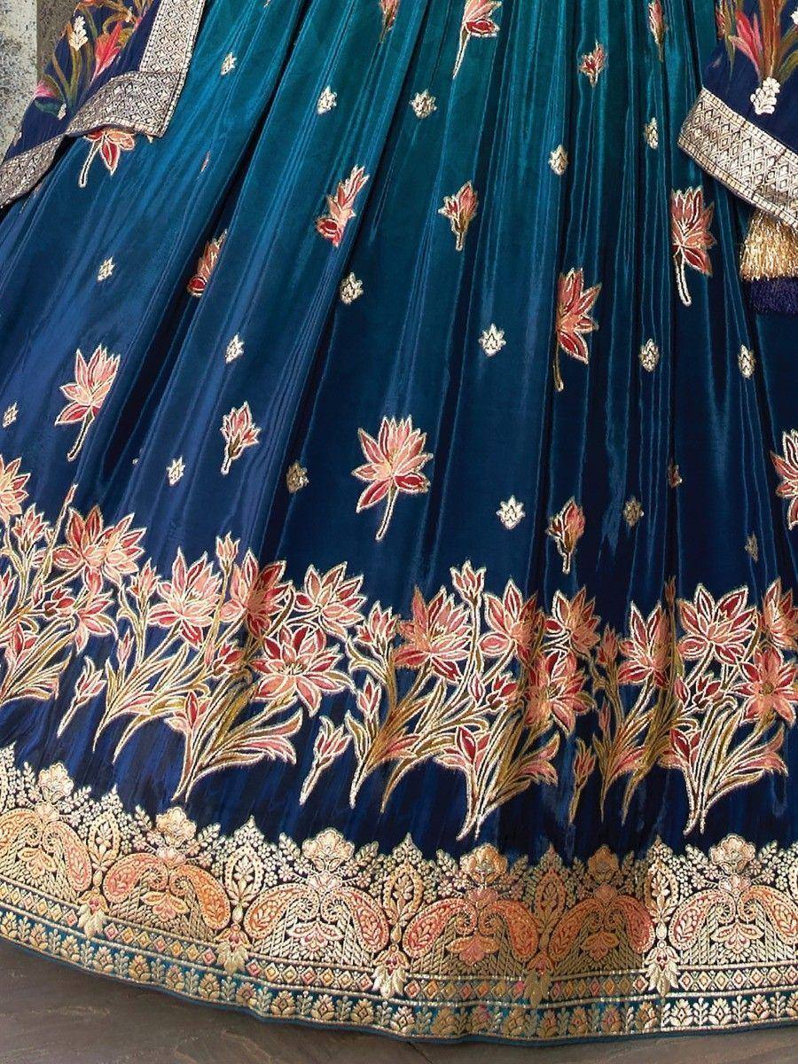 Blue velvet lehenga with floral embroidery and gold border, Indian ethnic wear