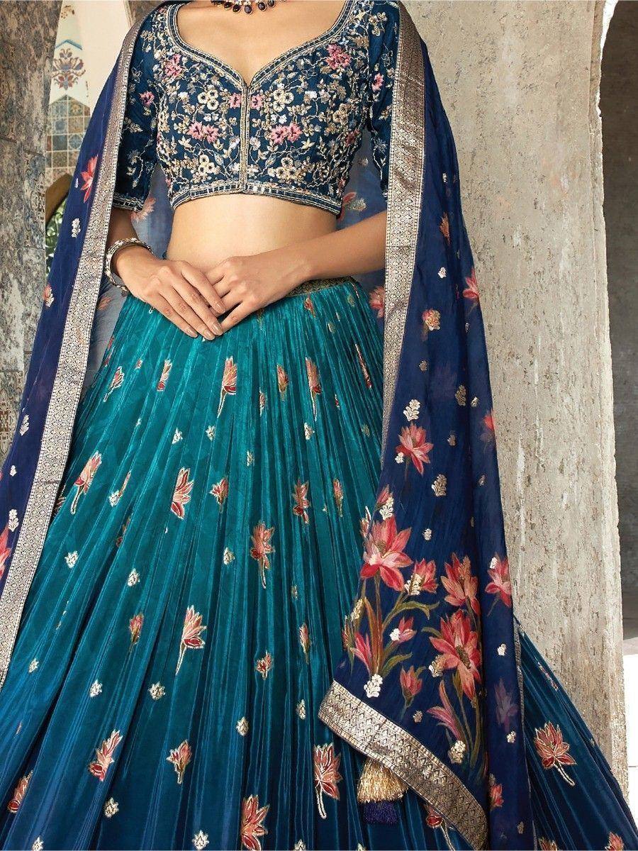 Blue floral embroidered lehenga choli with velvet skirt and dupatta, Indian ethnic wear