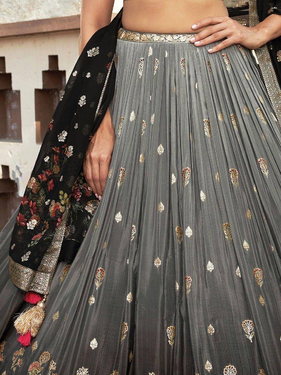 Grey pleated lehenga with gold leaf embroidery and black floral dupatta, Indian ethnic wear