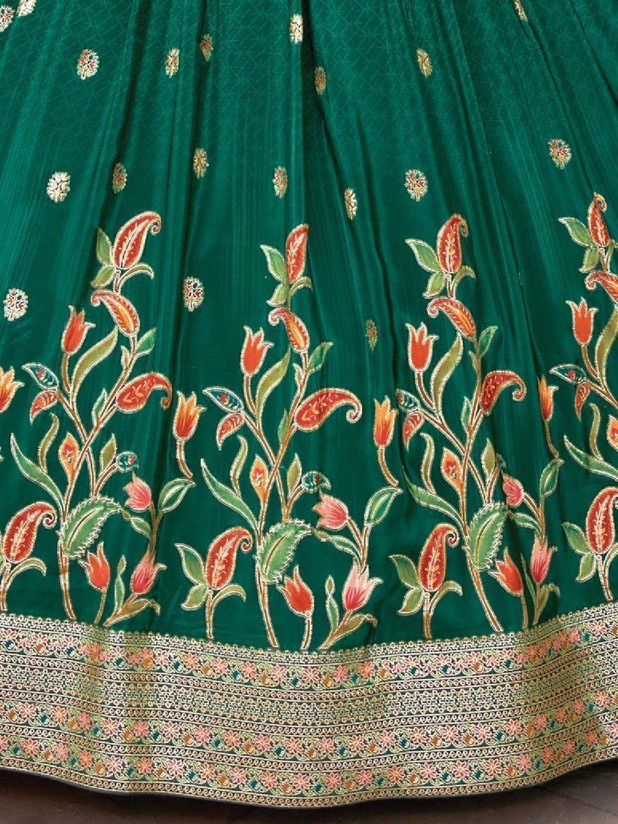 Emerald green lehenga with floral embroidery and ornate border, Indian ethnic wear
