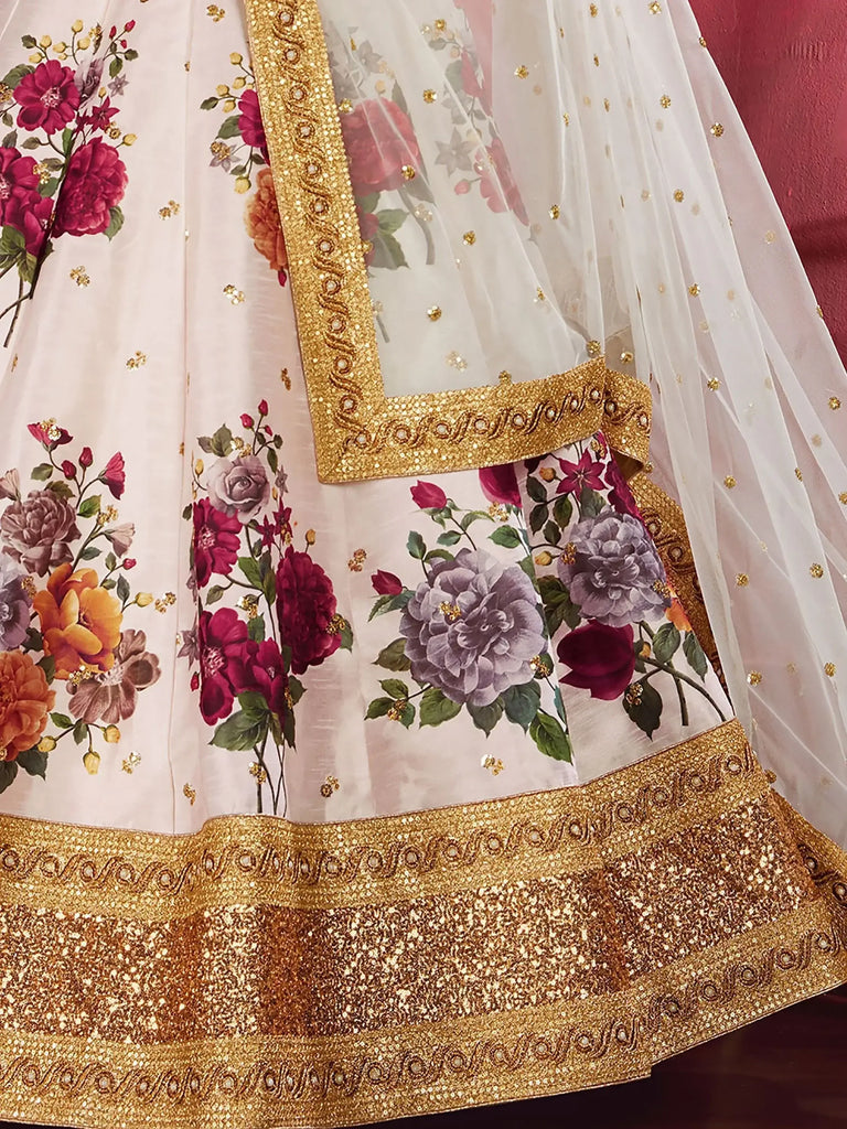 Off-White Floral Print Banglori Silk Bridal Lehenga Choli With Dupatta