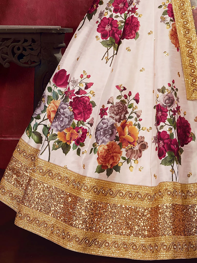 Off-White Floral Print Banglori Silk Bridal Lehenga Choli With Dupatta