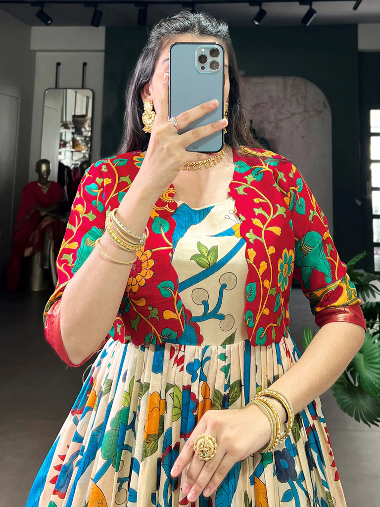 Fantastic Off-White Kalamkari Printed Silk Festive Wear Gown With Koti