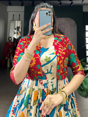 Fantastic Off-White Kalamkari Printed Silk Festive Wear Gown With Koti