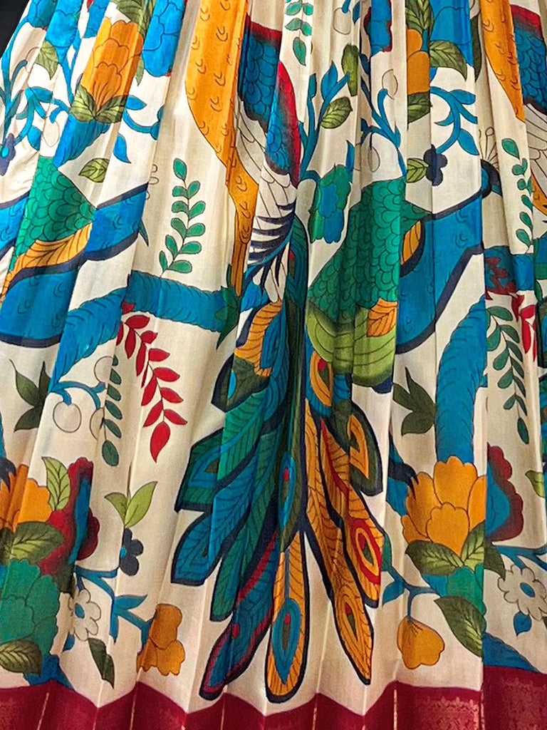 Fantastic Off-White Kalamkari Printed Silk Festive Wear Gown With Koti