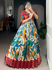 Fantastic Off-White Kalamkari Printed Silk Festive Wear Gown With Koti
