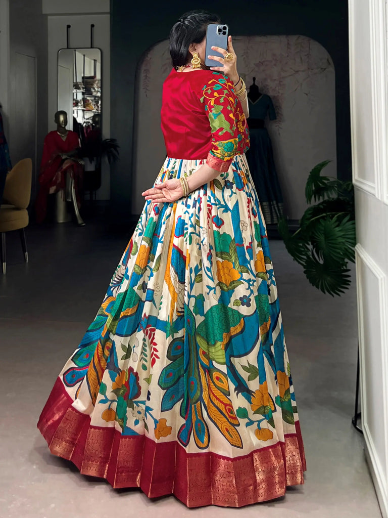 Fantastic Off-White Kalamkari Printed Silk Festive Wear Gown With Koti