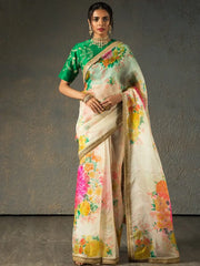 Sabyasachi Off White Floral Orangza Wedding Wear Saree With Blouse