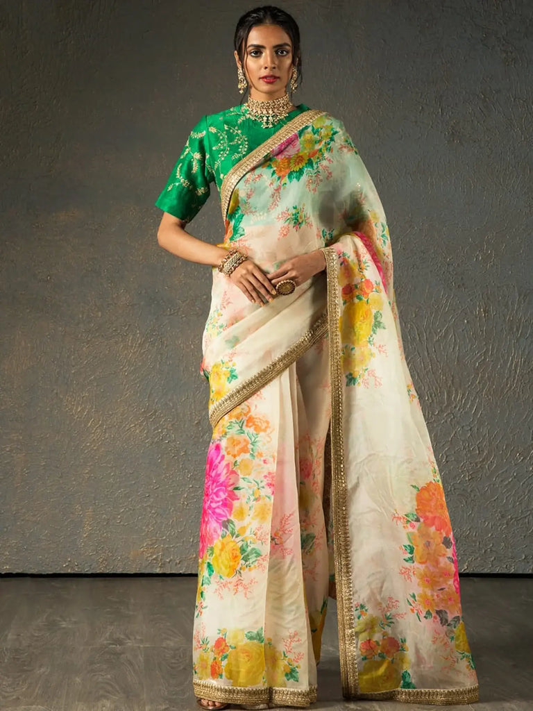 Sabyasachi Off White Floral Orangza Wedding Wear Saree With Blouse
