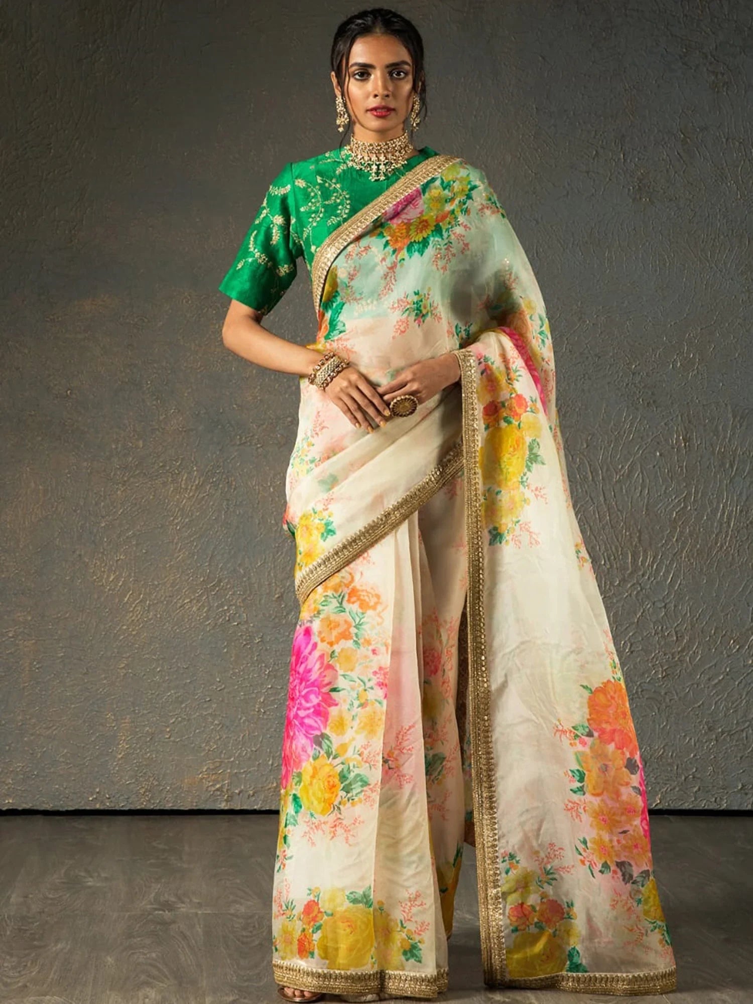 Sabyasachi Off White Floral Orangza Wedding Wear Saree With Blouse
