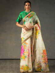 Sabyasachi Off White Floral Orangza Wedding Wear Saree With Blouse
