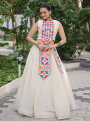 Sweet Off White Kutchi Gamthi Work Navratri Wear Crop Top Lehenga