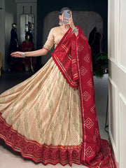 Chic Off White Lace Work Lehenga Choli With Bandhani Dupatta