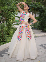 Sweet Off White Kutchi Gamthi Work Navratri Wear Crop Top Lehenga