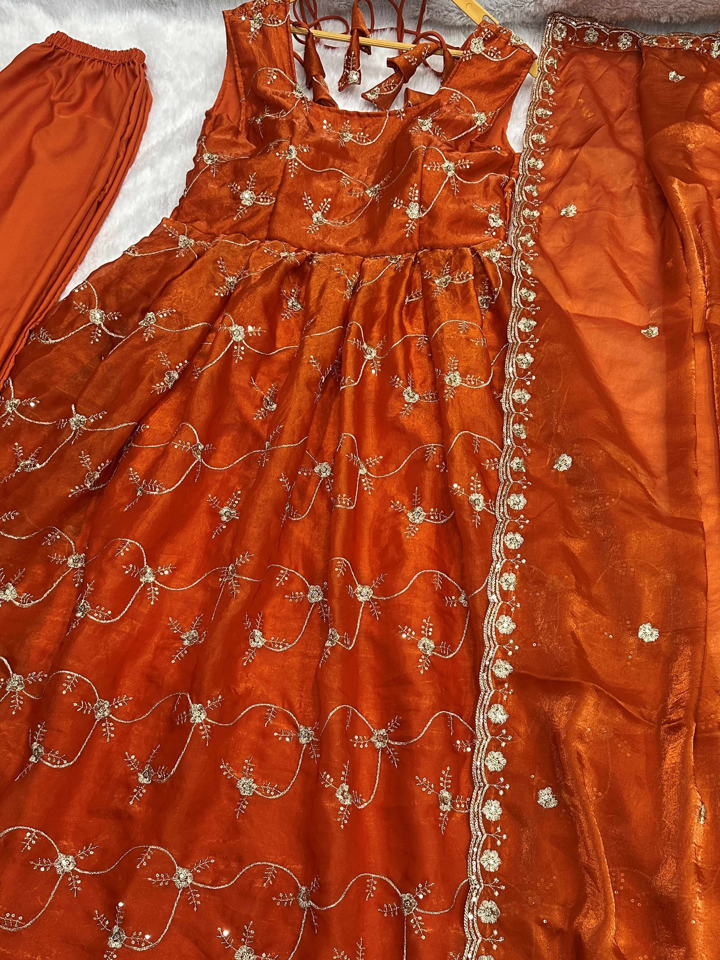 Stylish Orange Embroidered Silk Wedding Wear Gown With Dupatta