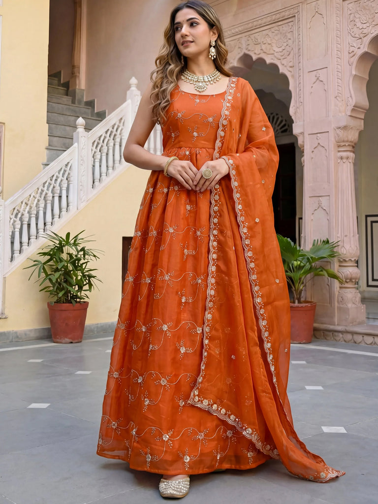 Stylish Orange Embroidered Silk Wedding Wear Gown With Dupatta