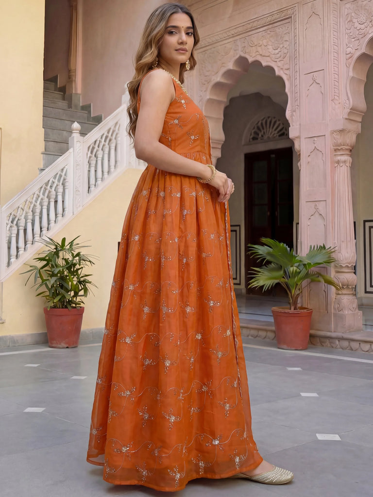 Stylish Orange Embroidered Silk Wedding Wear Gown With Dupatta