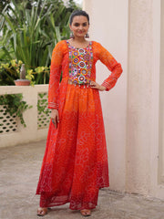 Gleaming Orange Georgette Kutchi Gamthi Work Festival Wear Co-Ord Set