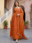 Stylish Orange Embroidered Silk Wedding Wear Gown With Dupatta