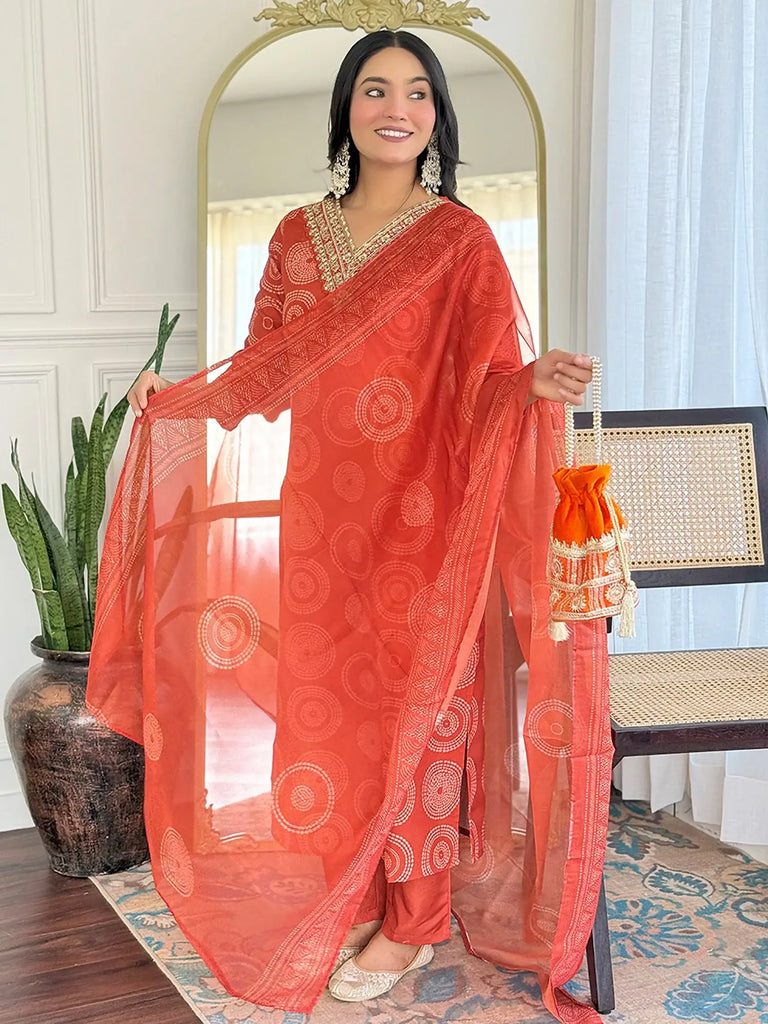 Tantalizing Orange Rayon Embroidered Traditional Pant Suit