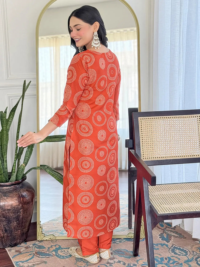 Tantalizing Orange Rayon Embroidered Traditional Pant Suit