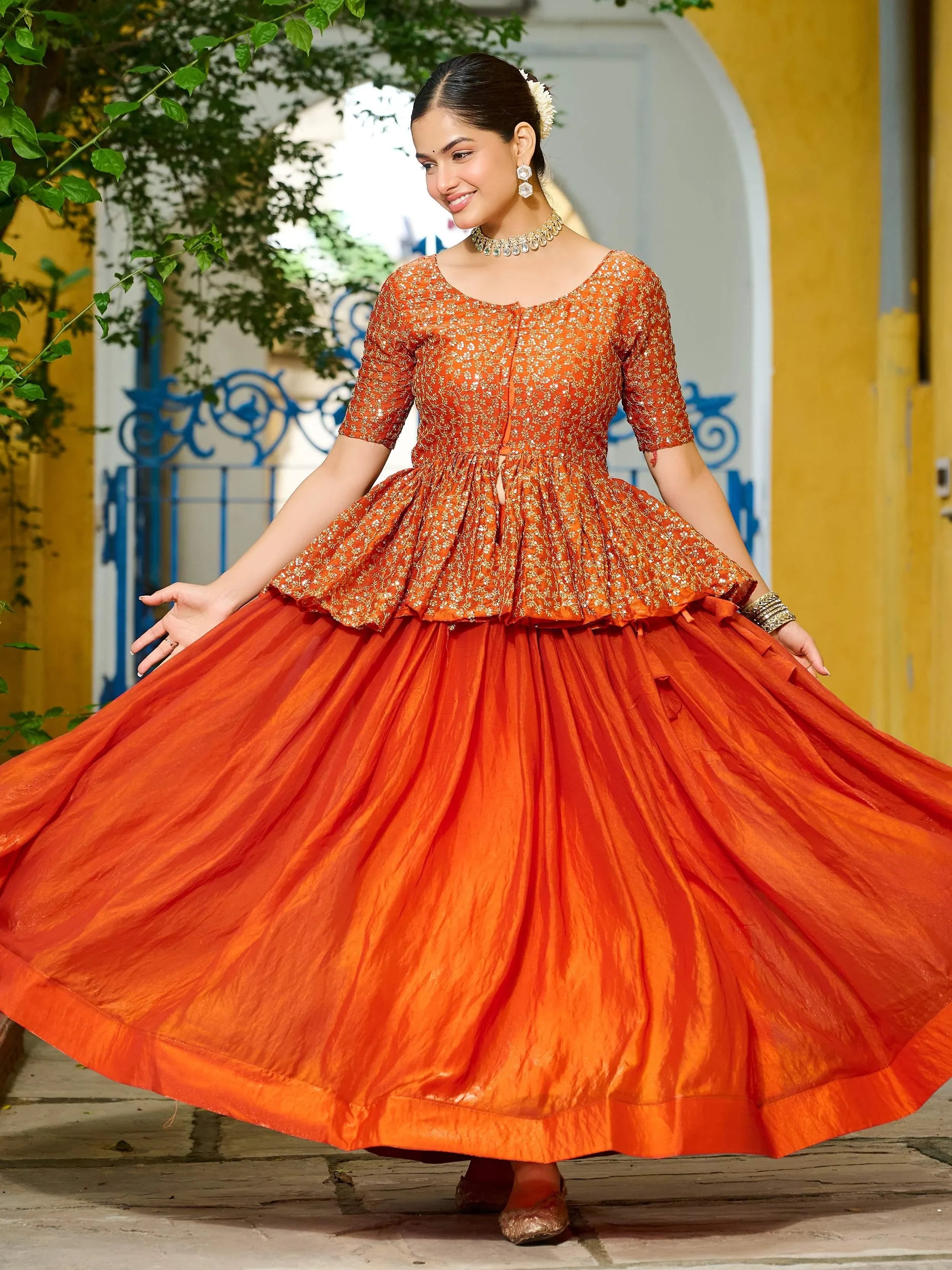 Impressive Orange Silk Function Wear Lehenga With Peplum Top