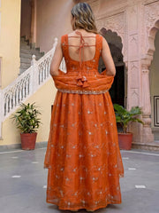 Stylish Orange Embroidered Silk Wedding Wear Gown With Dupatta