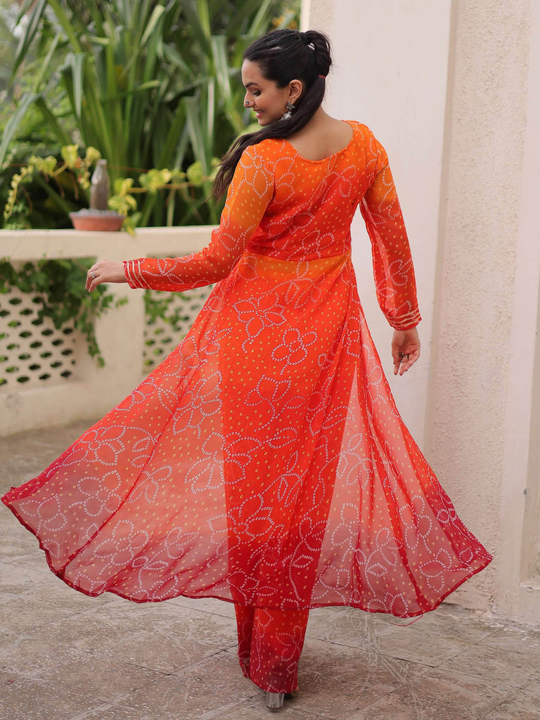Gleaming Orange Georgette Kutchi Gamthi Work Festival Wear Co-Ord Set
