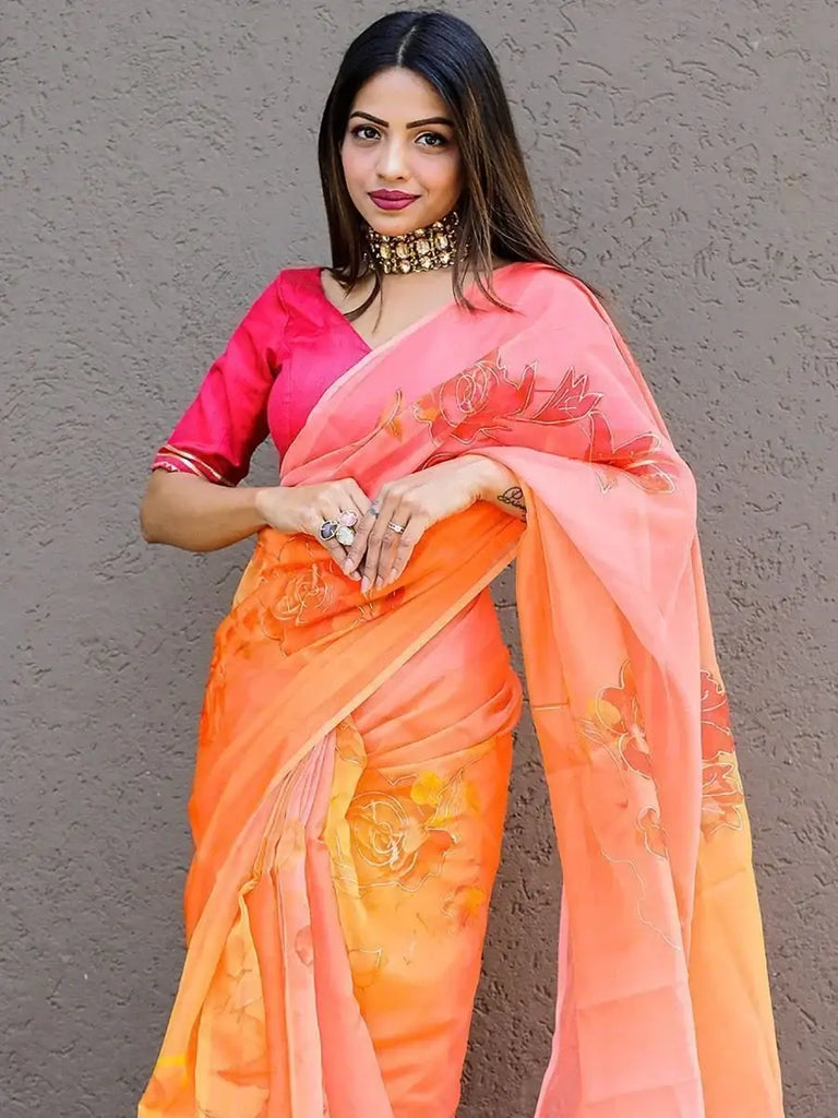 Splendid Coral Floral Printed Organza Party Wear Saree With Blouse