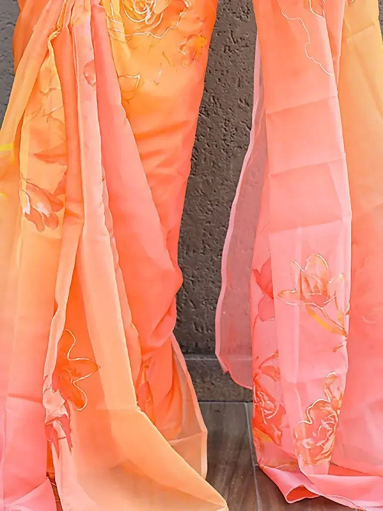 Splendid Coral Floral Printed Organza Party Wear Saree With Blouse