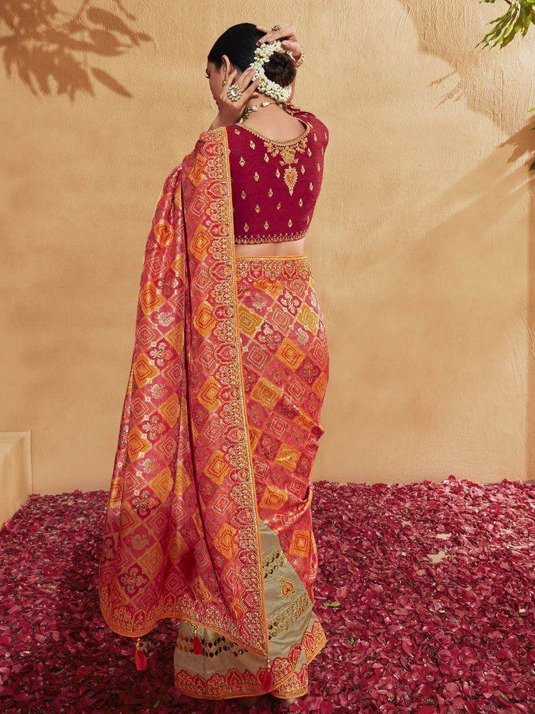 Spectacular Golden Zari Embroidery Silk Wedding Wear Saree With Blouse